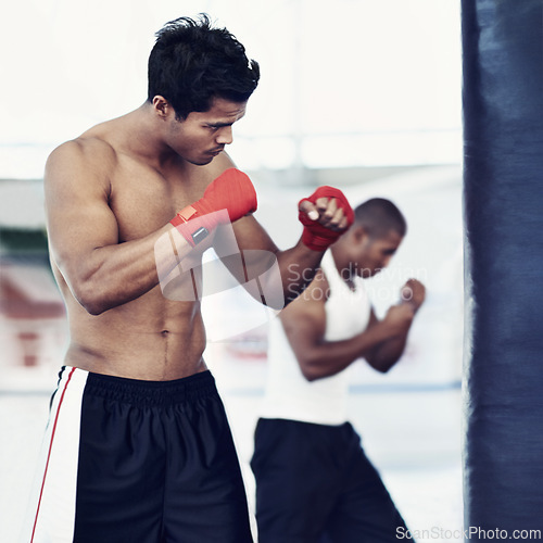 Image of Man, training and gloves in gym for boxing match, practice and determined for competition to win. Light weight champion, workout and focus for tough sport, fitness and exercise with endurance for mma