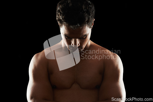 Image of Fitness, body and man in studio for thinking, wellness or muscle training results on black background. Chest, abs and topless male model with workout ideas, goals and healthy lifestyle inspiration