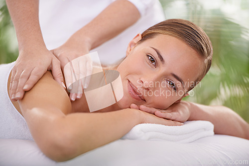 Image of Spa, portrait and woman or hands with massage for relax, luxury treatment and happiness with towel. Person, face and masseuse for body care, pain relief and comfort with smile, wellness and skincare