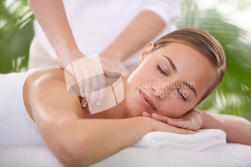 Image of Spa, face and woman or hands with massage for relax, luxury treatment and satisfaction with towel. Person, calm and masseuse for body care, pain relief and comfort with leisure, wellness and skincare