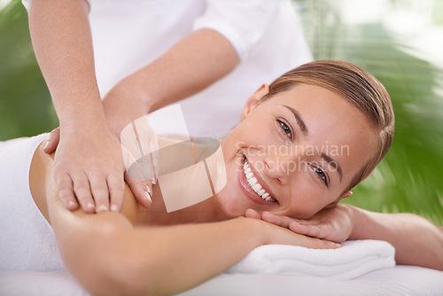 Image of Happy, portrait and woman or hands with massage for relax, luxury treatment and satisfaction at spa. Person, face and masseuse for body care, pain relief and comfort with smile, wellness and skincare