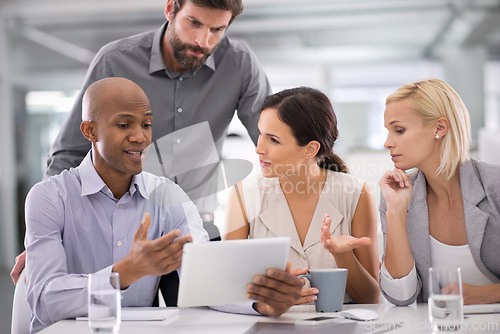 Image of Business people, teamwork and tablet for planning in meeting with speaker for corporate research, brainstorming or diversity. Collaboration, group and employees with technology and discussion at work