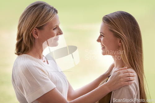 Image of Women, mother and daughter with embrace, smile and mature person with connection, care and love. Mom, girl and family with bonding, reunion and support with relationship, happy and together