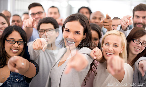 Image of Business people, group and point at you in portrait with excited smile for recruitment, choice or opportunity. Human resources, teamwork or staff with sign for decision with men, women and onboarding