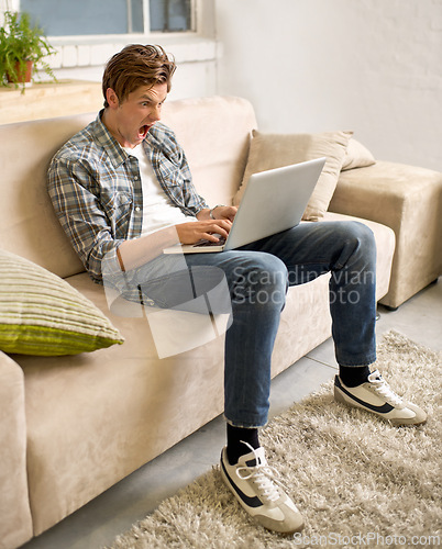 Image of Remote work, stress and man screaming at laptop on sofa with glitch, mistake or 404 at home. Freelance, anger or male telework consultant frustrated by connection, fail or deadline disaster in house