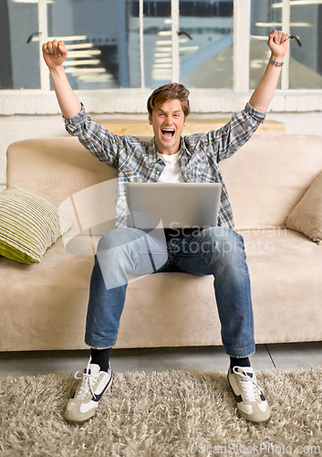 Image of Wow, portrait and happy man with laptop celebration on a sofa for online competition success at home. Excited, face and male winner in living room with pc alert for giveaway, prize or sign up reward