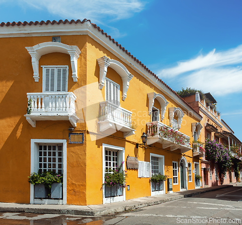 Image of Heritage town Cartagena de Indias, beautiful colonial architecture in most beautiful town in Colombia.