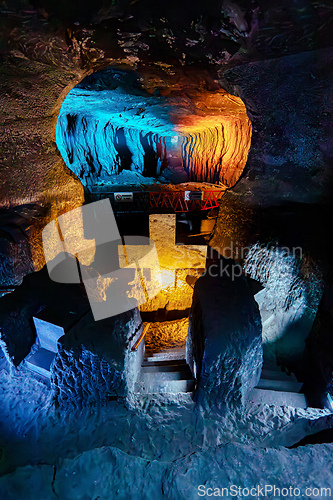 Image of Magnificent cross glows with spiritual light in famous underground Catedral de Sal (Salt Cathedral) of Zipaquira, Colombia