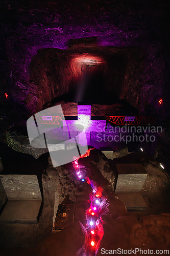 Image of Magnificent cross glows with spiritual light in famous underground Catedral de Sal (Salt Cathedral) of Zipaquira, Colombia