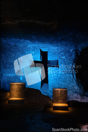 Image of Magnificent cross glows with spiritual light in famous underground Catedral de Sal (Salt Cathedral) of Zipaquira, Colombia