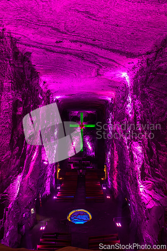 Image of Magnificent cross glows with spiritual light in famous underground Catedral de Sal (Salt Cathedral) of Zipaquira, Colombia