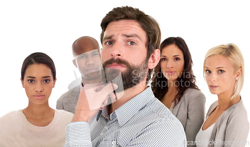 Image of Business, people and portrait in studio for teamwork, leadership and thinking, success or confident. Face, job and ideas with group of employees, looking professional or serious on a white background