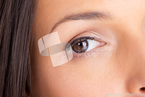 Image of Woman, eye and portrait closeup with eyebrow microblading and grooming treatment with makeup. Cosmetics, facial and vision care with liquid liner, mascara and lashes of female person with dermatology