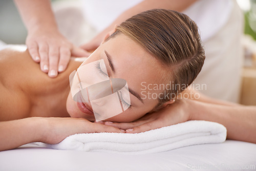 Image of Spa, face and woman or hands with massage for relax, luxury treatment and happiness with towel. Person, calm and masseuse for body care, pain relief and comfort with smile, wellness and skincare