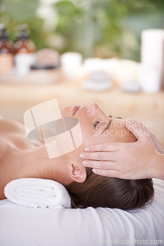 Image of Spa, head and woman or hands with massage for relax, luxury treatment and satisfaction with towel. Person, calm and masseuse for body care, pain relief and comfort with health, wellness and skincare