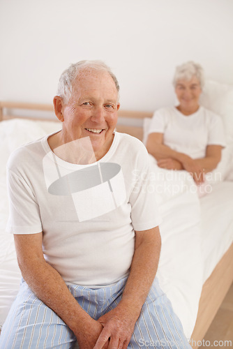 Image of Senior man, couple and portrait in bed, smile and relaxing together in retirement at home. Elderly people, bedroom and happy in marriage or relationship, love and bonding for romance on weekend