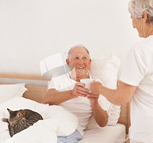 Image of Senior couple, serving and coffee in bed, smile and relaxing together in retirement at home. Elderly people, bedroom and drinking tea in marriage or relationship, cat and bonding for love on weekend