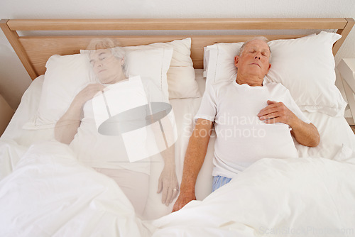 Image of Sleeping, ghost and senior man in bed, depression and ghost of wife or spouse in bedroom. Elderly male person, mental health and dream at home, spirit and haunted by lonely or past memory in nap