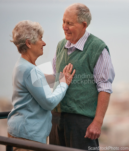 Image of Love, smile and senior couple on balcony of home together with view of nature for romantic getaway. Marriage, anniversary or bonding with happy elderly man and woman outdoor on holiday or vacation