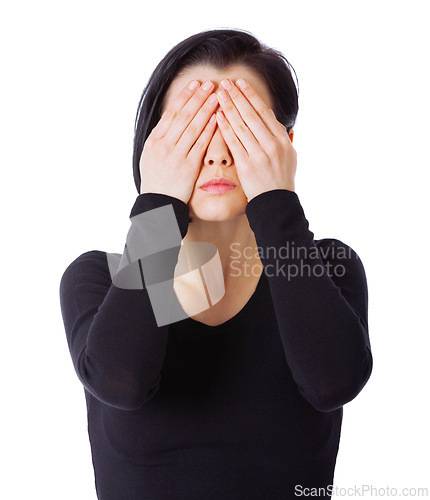 Image of Woman, covering eyes and secret with fear, anxiety and person isolated on a white studio background. Model, mockup space and girl with hand gesture and scared with horror, stress and panic attack