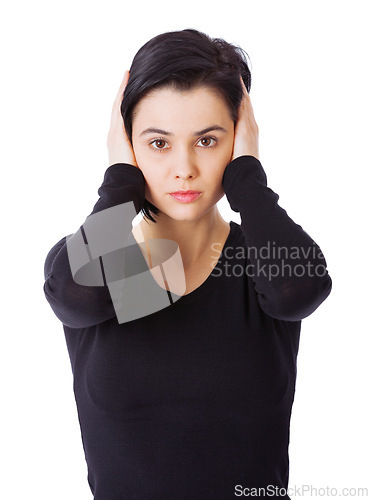 Image of Portrait, loud and woman covering ears, stress and person isolated on a white studio background. Face, model and girl with sound or noise with problem and frustrated with sensitivity and panic attack
