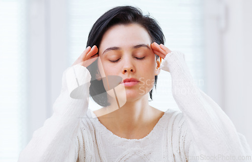 Image of Face, anxiety or stress and woman in bedroom of home with depression, frustration or mental fatigue. Burnout, headache or insomnia with young person feeling annoyed, moody or unhappy in apartment