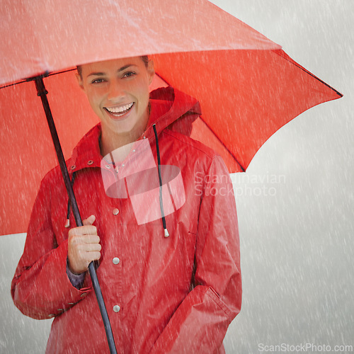 Image of Woman, portrait and umbrella for protection, outdoor nature and cover from rain in weather. Female person, insurance and safety or security from storm, winter and travel to Scotland for holiday