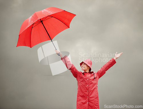 Image of Woman, overcast and umbrella for security, outdoor nature and protection from rain in weather. Female person, insurance and safety or shield from storm, winter and travel for holiday or vacation