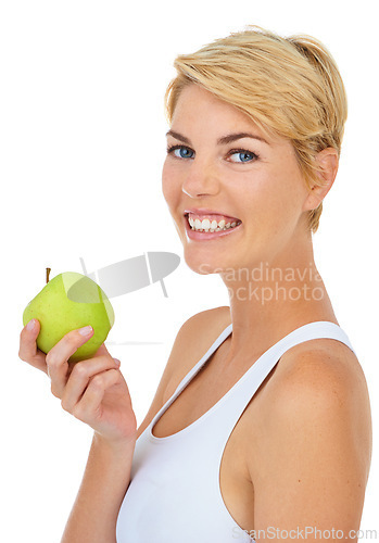 Image of Woman, portrait and health apple in studio for fitness, wellness or diet by white background, mockup or backdrop. Model, dietician and nutritionist with fruit for breakfast food, vitamins or detox