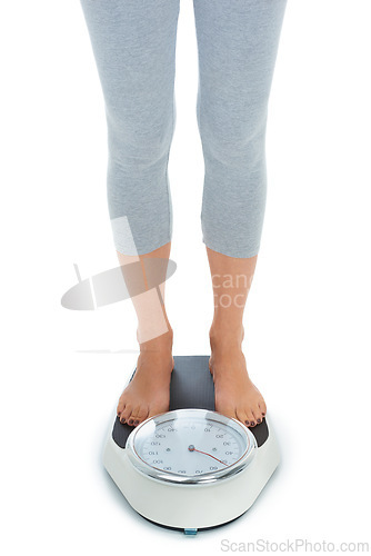 Image of Woman, legs and scale in studio for weight loss, healthcare and wellness for vitality. Female person, diet and check calories for slim body for self care, achievement and closeup on white background