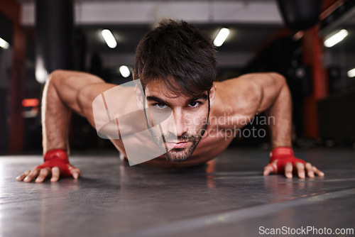 Image of Man, portrait and push up or fitness in gym, athlete and topless for exercise and workout. Male person, body builder and performance for challenge or practice, training and serious for competition