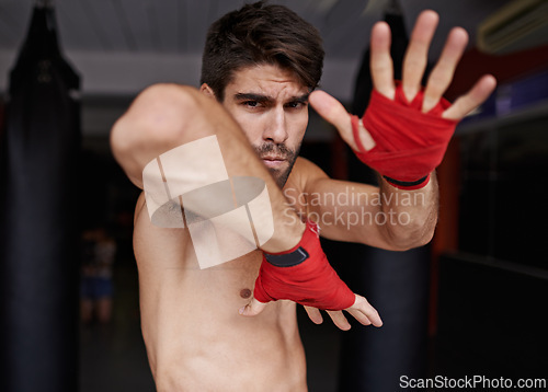 Image of Man, portrait and ready for fight in gym, fitness and topless for exercise and workout. Male person, bodybuilder and punching bag for challenge or practice, training and serious face for competition