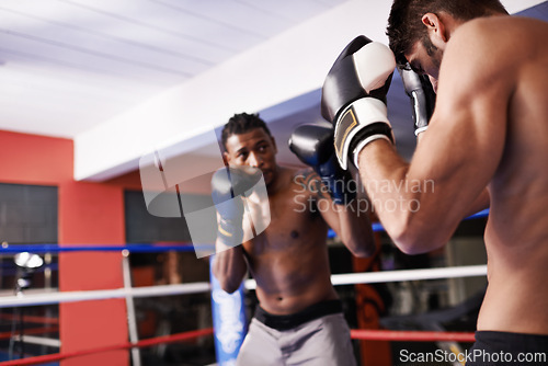 Image of Men, boxing ring and gloves for fight competition in gym for challenge practice as opponents for workout, exercise or winner. Male people, punch and athlete progress for battle, performance or cardio