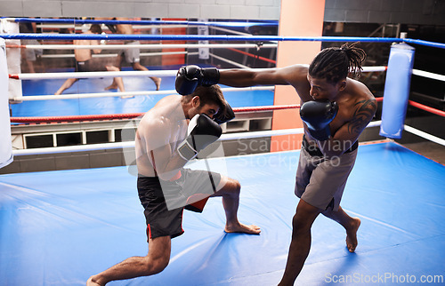 Image of Men, fighting and boxing ring with punch for competition in gym for endurance development, performance or training. Male people, gear and combat sport together for cardio battle, defence or practice