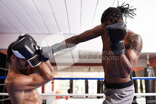 Image of Men, kickboxing and punch for fight in ring, fitness and topless for exercise and workout. People, bodybuilders and performance for challenge or practice, train and combat for competition in sports