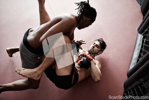 Image of Boxing, men and gloves in ring for training to fight with fitness for competition, exercise and practice for match. Kickboxing, male person and fighter with determination and workout for challenge.
