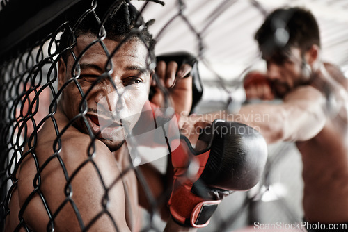 Image of Face, hit and men in cage for fight, kickboxing competition and challenge in fitness with sports in gym. Boxing match, strong fighter and knockout with exercise, practice and power in battle together