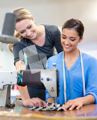 Image of Designers, collaboration and sewing machine for manufacturing, coworkers and tailor on fabric. Women, teamwork and support on textile in clothing business, fashion planning and partnership on style