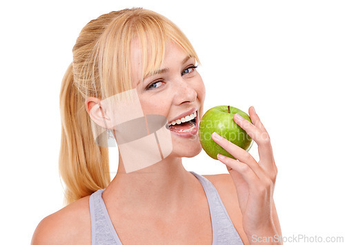 Image of Vitamin c, apple and portrait of woman in studio for wellness, nutrition and health benefits. Female person, face and happy with fruit for vegan, diet and detox for clean gut on white background