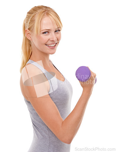 Image of Fitness, happy and woman with dumbbell weight in studio for health, wellness and body workout or training. Strength, sports and young female athlete with arm exercise isolated by white background.