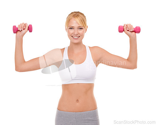 Image of Woman, portrait and weightlifting or dumbbell exercise or training arm workout on white background, mockup space or studio. Female person, equipment and Canada gym or performance, wellness or muscle