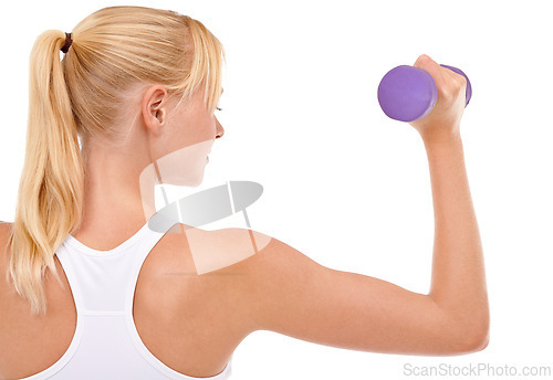 Image of Woman, weightlifting and dumbbell exercise or training arm workout on white background, mockup space or studio. Female person, equipment and gym in Canada or performance back view, wellness or muscle