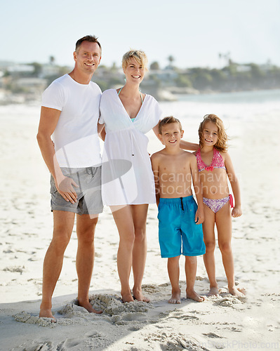 Image of Parents, children and portrait on beach in summer for holiday on island or bonding, connection or vacation. Man, woman and siblings with face in Florida together or outdoor happiness, travel or relax