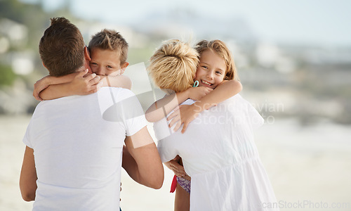 Image of Smile, beach and children hugging parents with love on travel vacation, holiday or adventure. Happy, care and young kids embracing mother and father by tropical ocean or sea on weekend trip together.