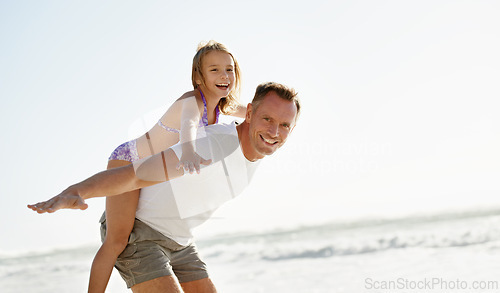 Image of Father, child and portrait or airplane on beach holiday together or flying game on summer vacation, bonding or travel. Man, daughter and happy at ocean on back or Florida trip, playing or outdoor