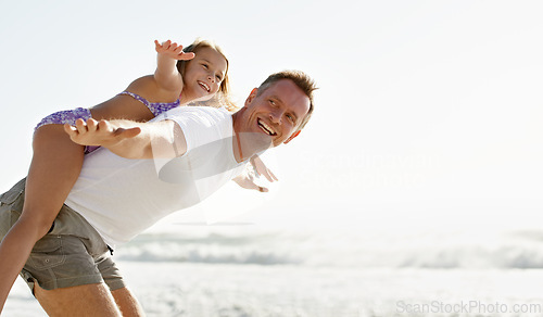 Image of Father, child and airplane game on beach holiday together or playing flying on summer vacation, bonding or travel. Man, daughter and happy at ocean on back in Florida for island, relax or outdoor