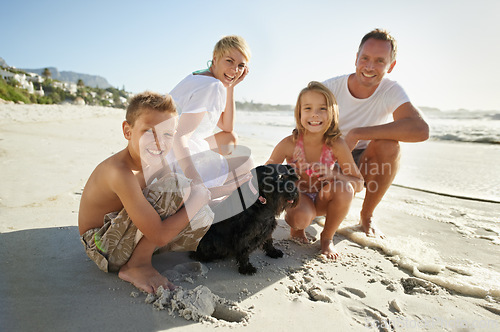 Image of Parents, children and portrait on beach with dog for relax holiday vacation in summer for family, bonding or travel. Mother, father and siblings with animal pet on Florida seaside, together or break