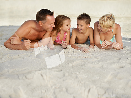 Image of Family, kids and beach with adventure in summer on vacation for bonding and happiness in Florida. Parents, smile and travel for holiday with children to relax, fun and enjoy trip in seaside.