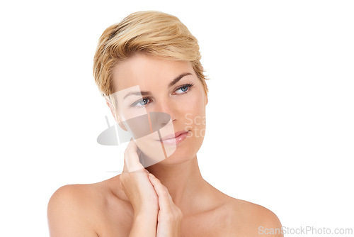 Image of Thinking, skincare and woman with beauty in studio, white background and dermatology mock up. Confident, model and girl with pride from healthy glow on skin from cosmetics, facial or self care