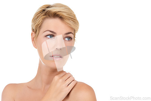 Image of Mockup, skincare or woman in studio for soft, beauty or clean, treatment or aesthetic on white background. Dermatology, shine or face of female model with anti aging, results or cosmetic satisfaction